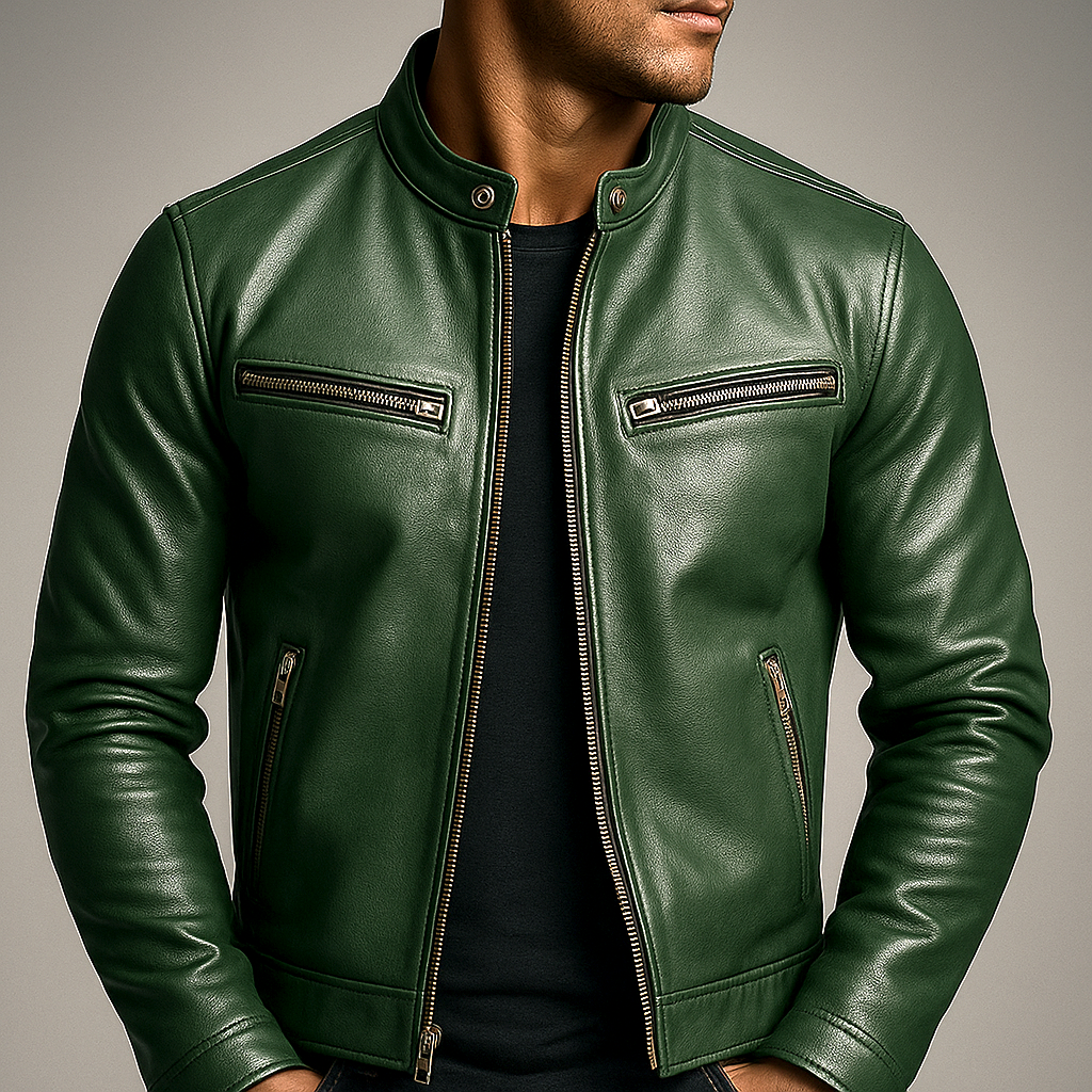 Men's Vintage Genuine Leather Jacket with Cotton Lining Zip Front and Slim Fit
