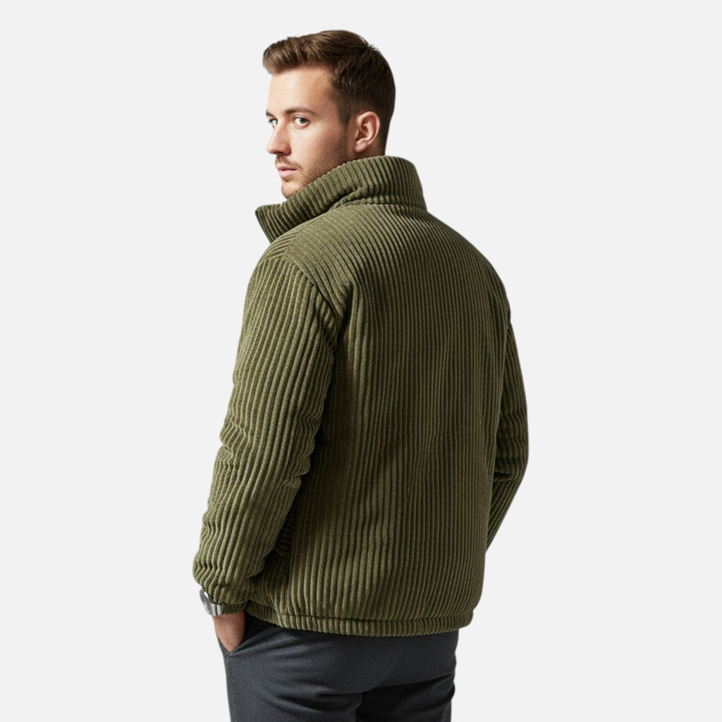 Men's Corduroy Puffer Parka in 100% Cotton with Stand Collar Zip Front and Pockets