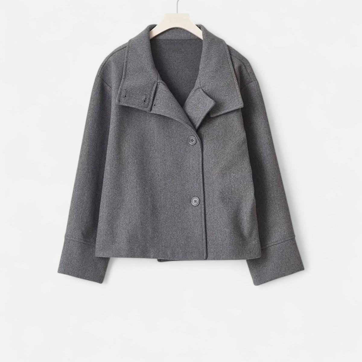 Women's Short Polyester Coat with High Collar Double Button and Drop Shoulders