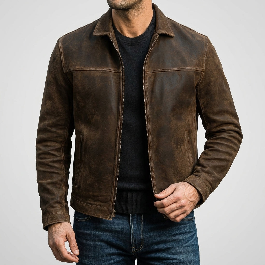 Men's Lightweight Genuine Leather Jacket with Center Zip and Fitted Cut for City Wear