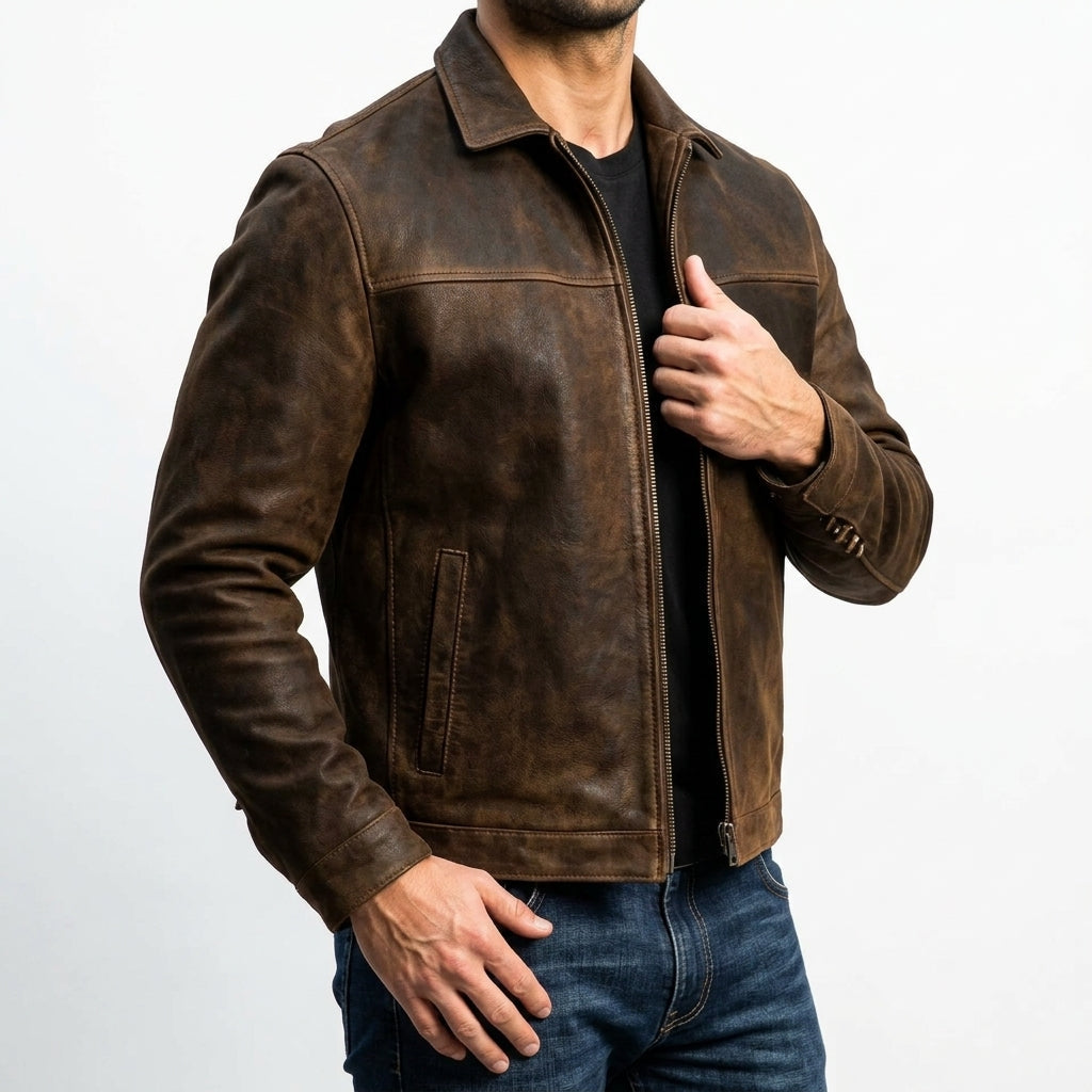 Men's Lightweight Genuine Leather Jacket with Center Zip and Fitted Cut for City Wear
