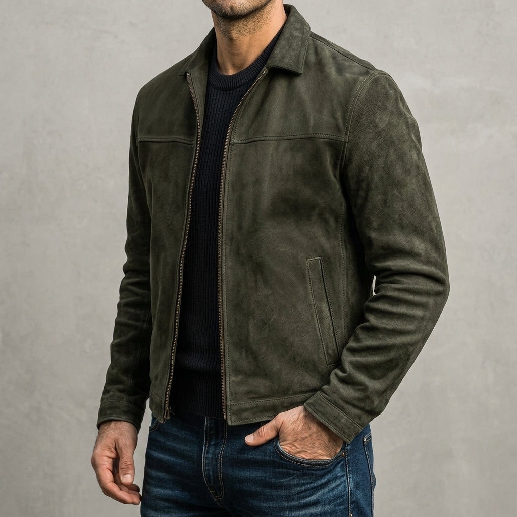 Men's Lightweight Genuine Leather Jacket with Center Zip and Fitted Cut for City Wear