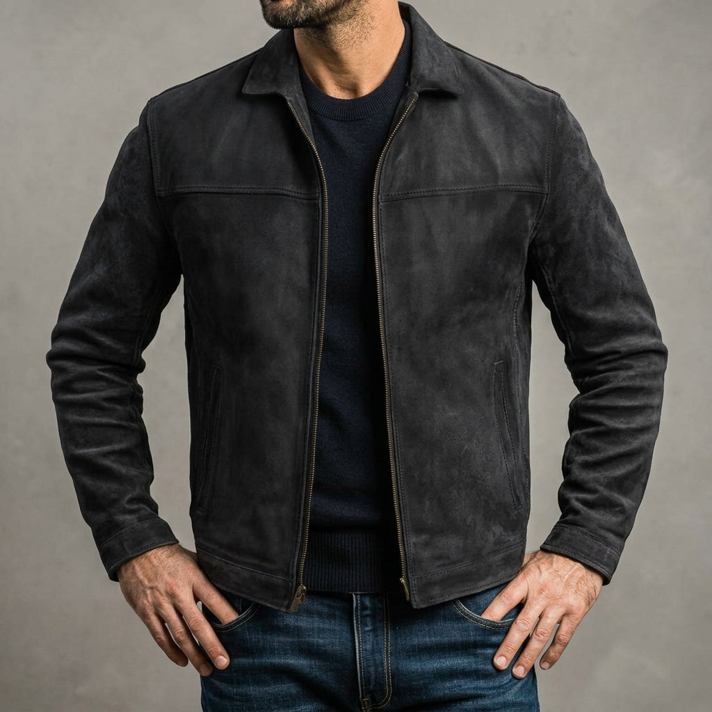 Men's Lightweight Genuine Leather Jacket with Center Zip and Fitted Cut for City Wear