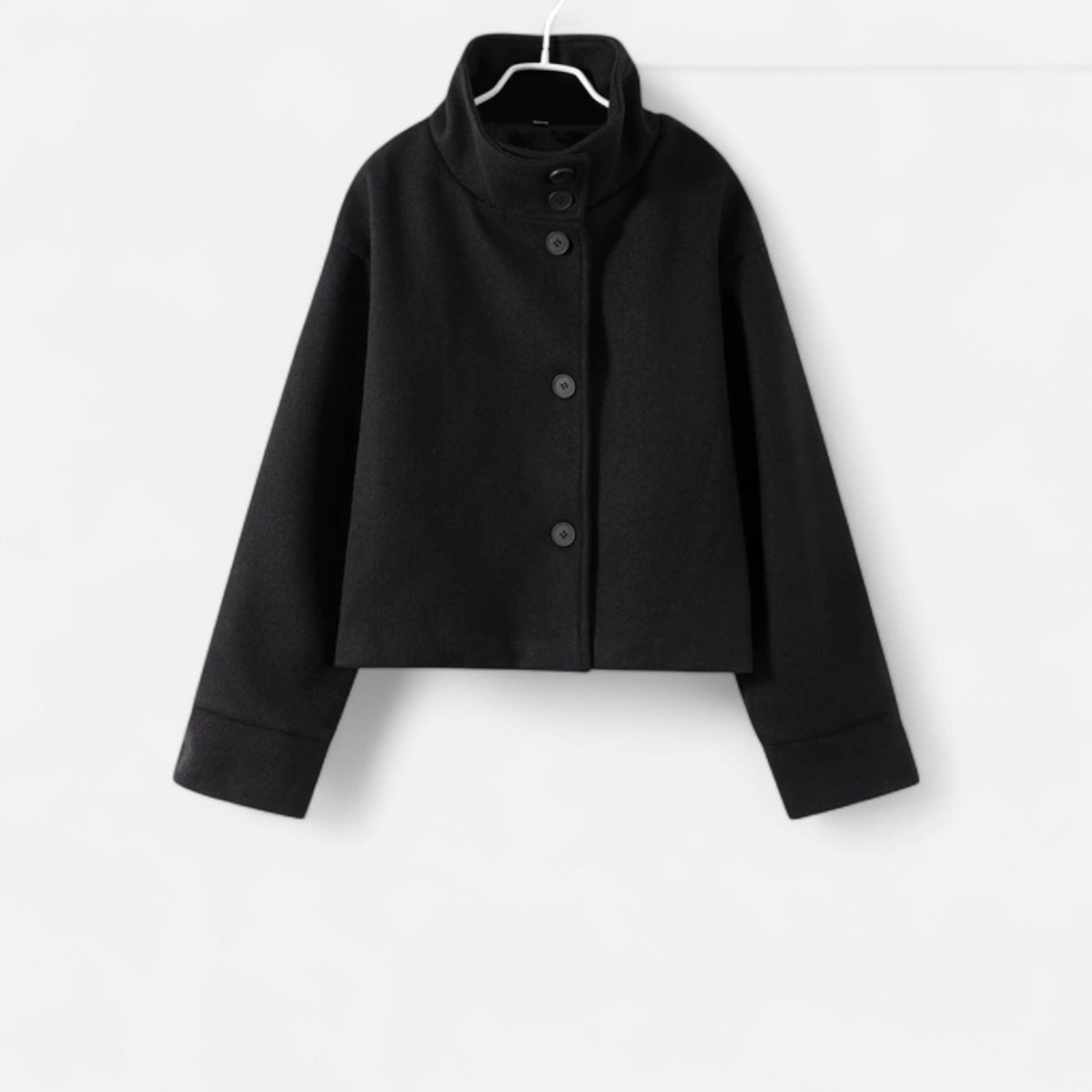 Women's Short Polyester Coat with High Collar Double Button and Drop Shoulders