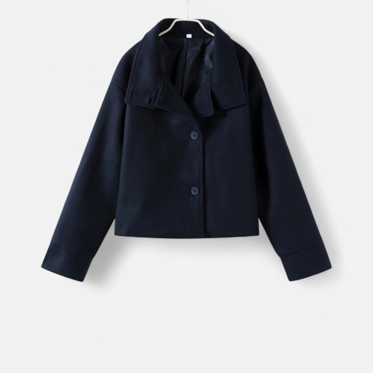 Women's Short Polyester Coat with High Collar Double Button and Drop Shoulders