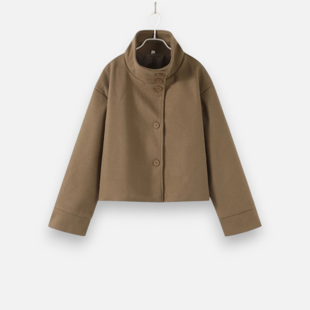 Women's Short Polyester Coat with High Collar Double Button and Drop Shoulders