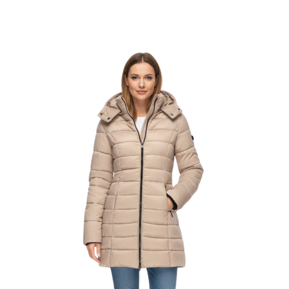 Women's Mid Length Quilted Puffer Parka with Hood Zip Closure and Slim Fit