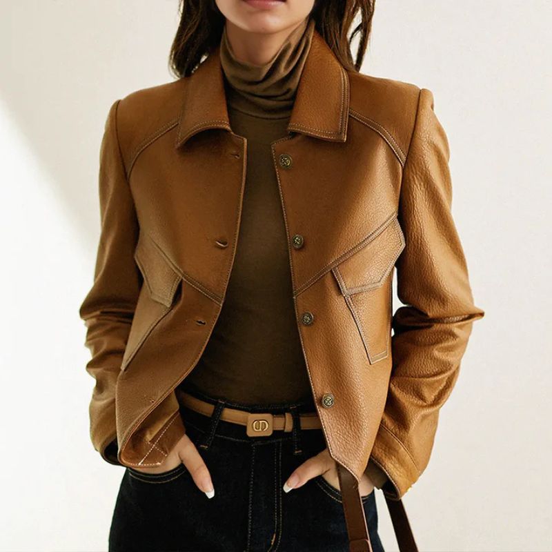 Women's Cropped Genuine Leather Jacket with Lapel Collar Button Front and Slim Fit