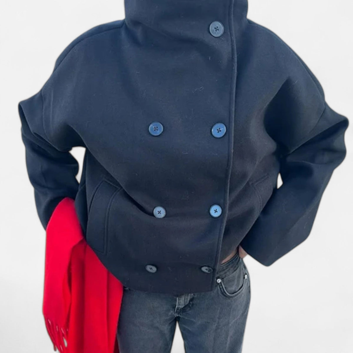 Women's Short Polyester Coat with High Collar Double Button and Drop Shoulders