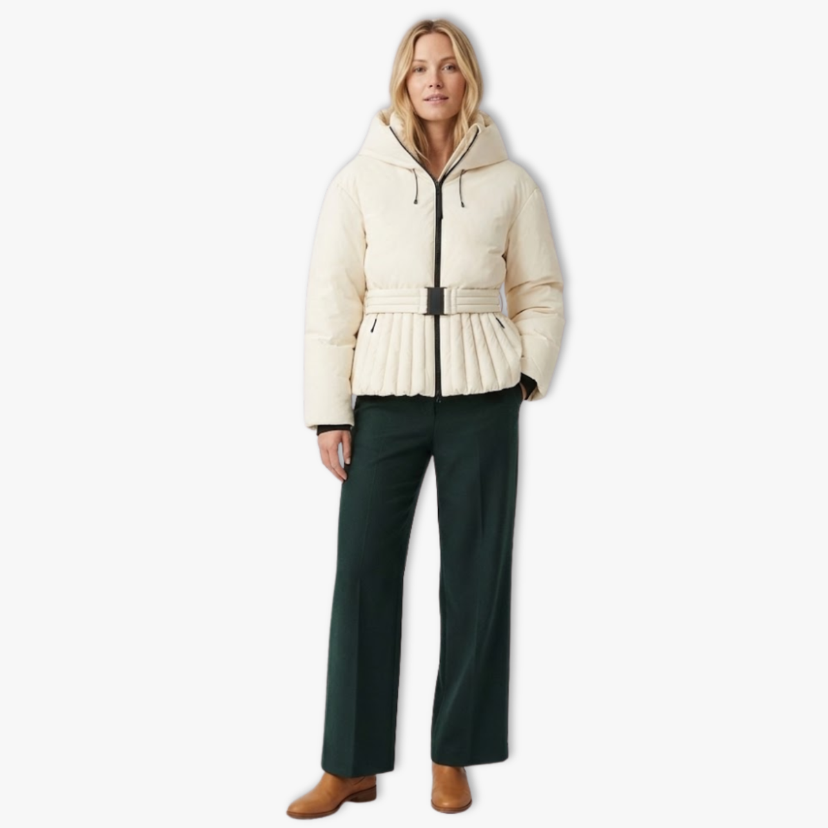 Women's Peplum Ski Jacket with Hood High Collar Waist Belt and Quilted Design
