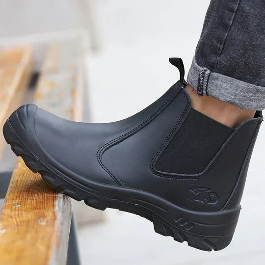 Men's Waterproof Leather Steel Toe Work Boots with Non Slip Puncture Resistant Sole