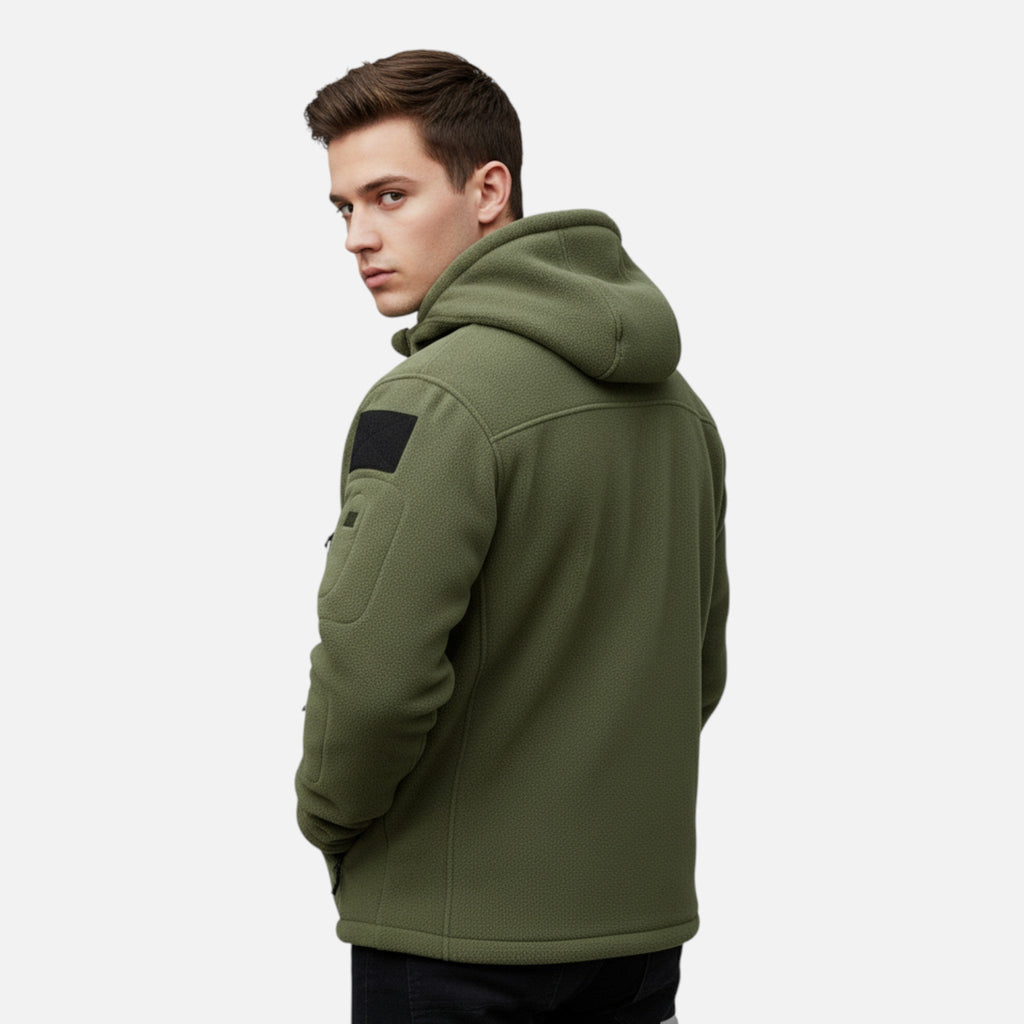 Men's Tactical Softshell Jacket with Fleece Lining Adjustable Hood and Zip Pockets