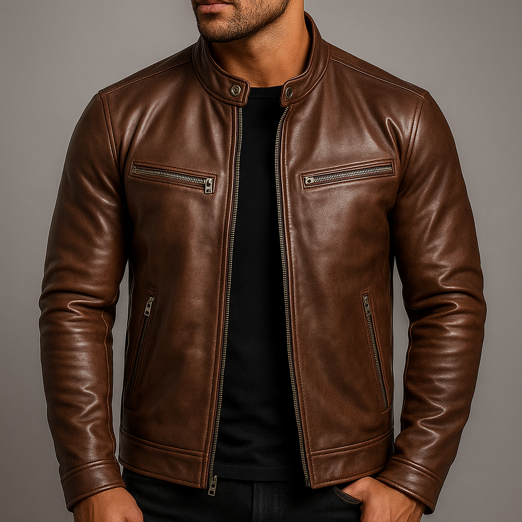 Men's Vintage Genuine Leather Jacket with Cotton Lining Zip Front and Slim Fit
