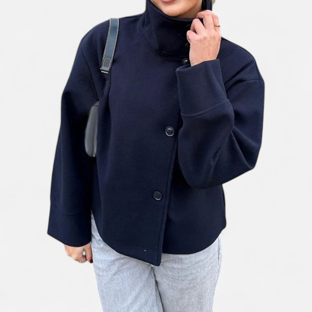 Women's Short Polyester Coat with High Collar Double Button and Drop Shoulders