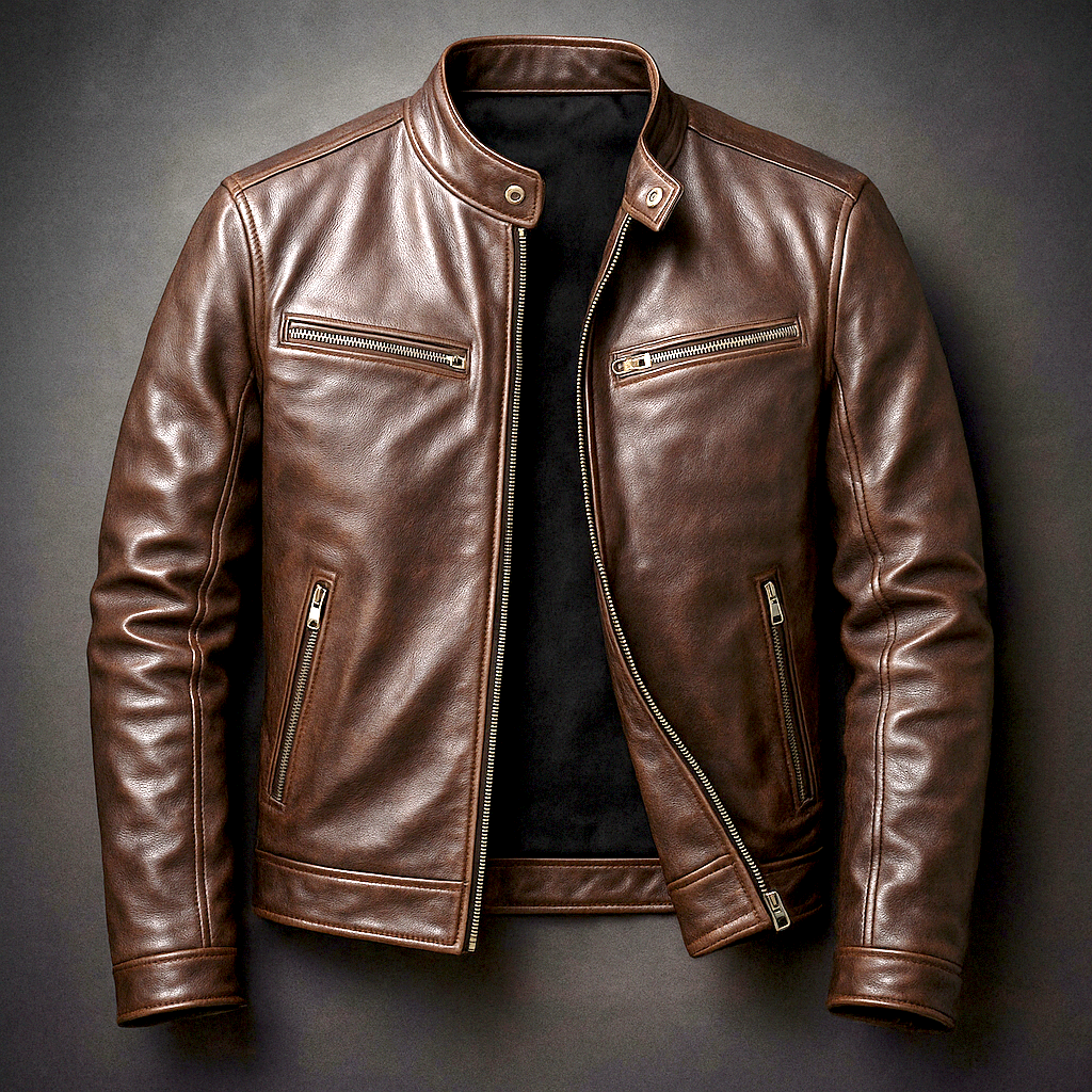 Men's Vintage Genuine Leather Jacket with Cotton Lining Zip Front and Slim Fit
