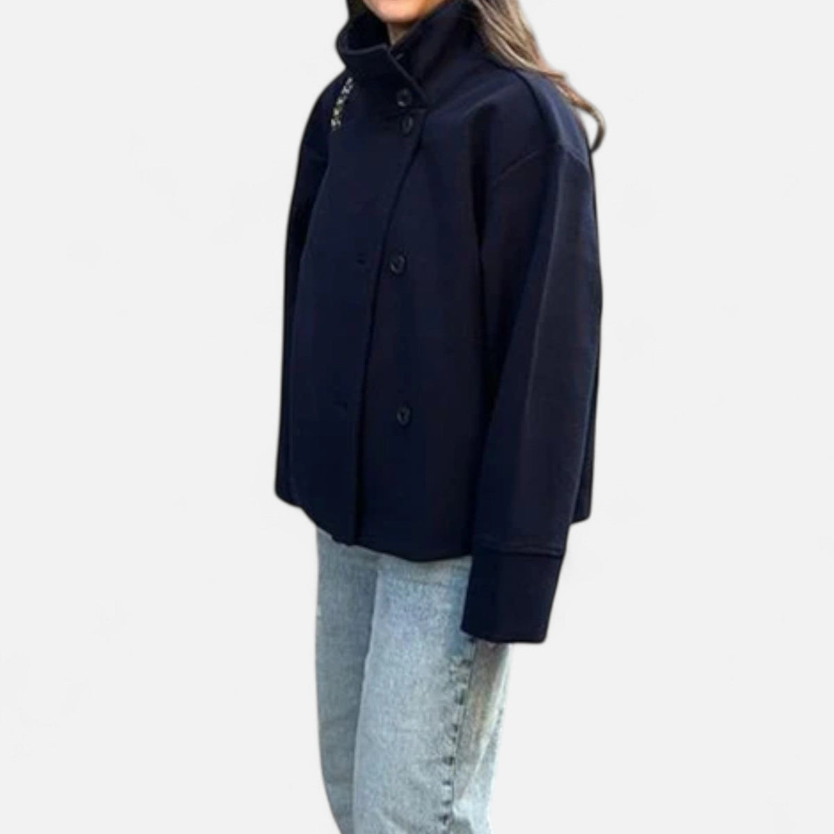 Women's Short Polyester Coat with High Collar Double Button and Drop Shoulders