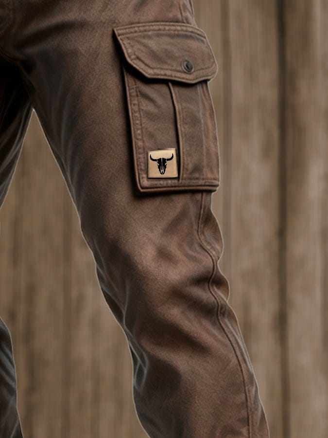 Men's Canvas Cargo Work Pants with Button Flap Pockets and Straight Tapered Fit