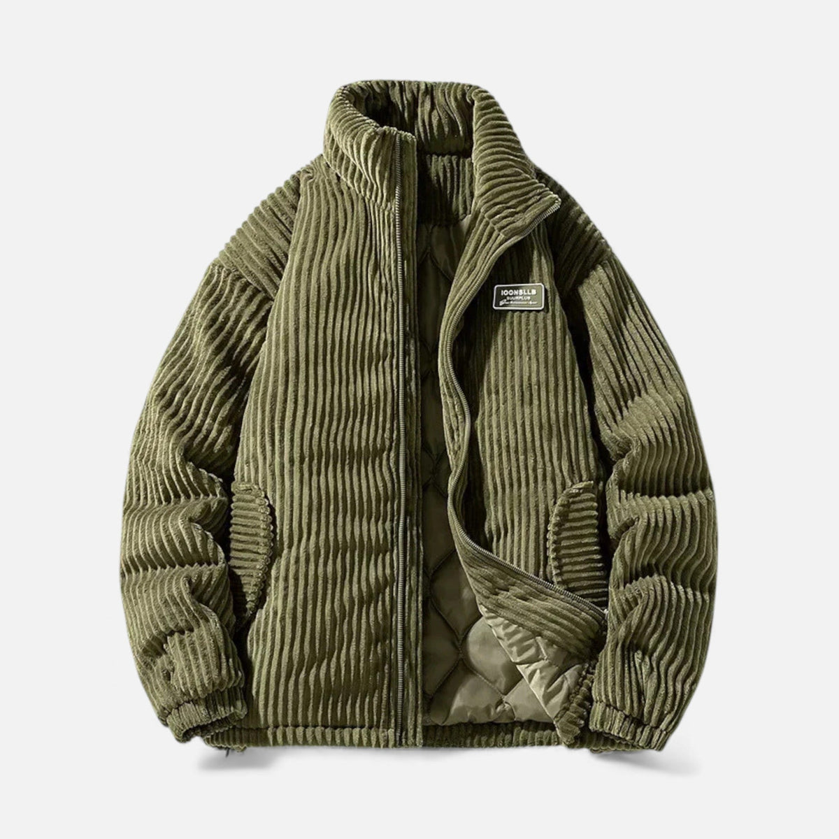 Men's Corduroy Puffer Parka in 100% Cotton with Stand Collar Zip Front and Pockets