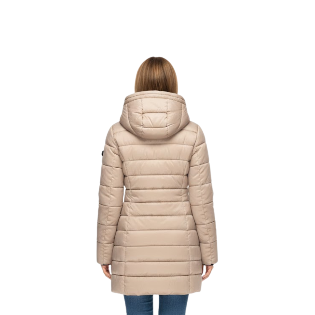 Women's Mid Length Quilted Puffer Parka with Hood Zip Closure and Slim Fit