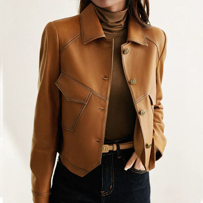 Women's Cropped Genuine Leather Jacket with Lapel Collar Button Front and Slim Fit