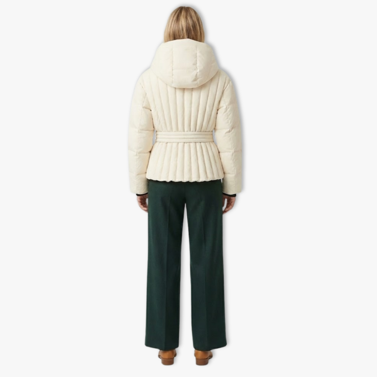 Women's Peplum Ski Jacket with Hood High Collar Waist Belt and Quilted Design