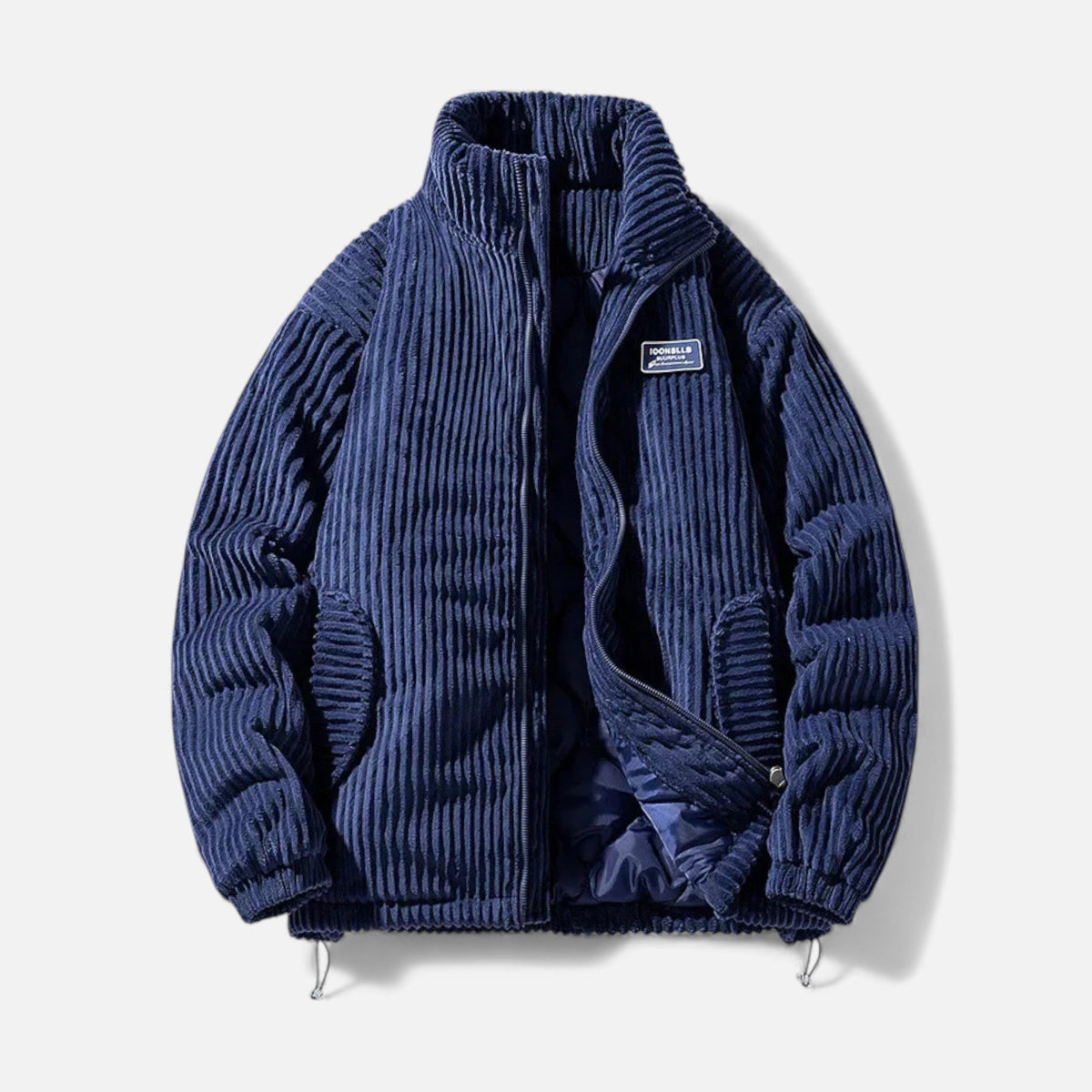 Men's Corduroy Puffer Parka in 100% Cotton with Stand Collar Zip Front and Pockets