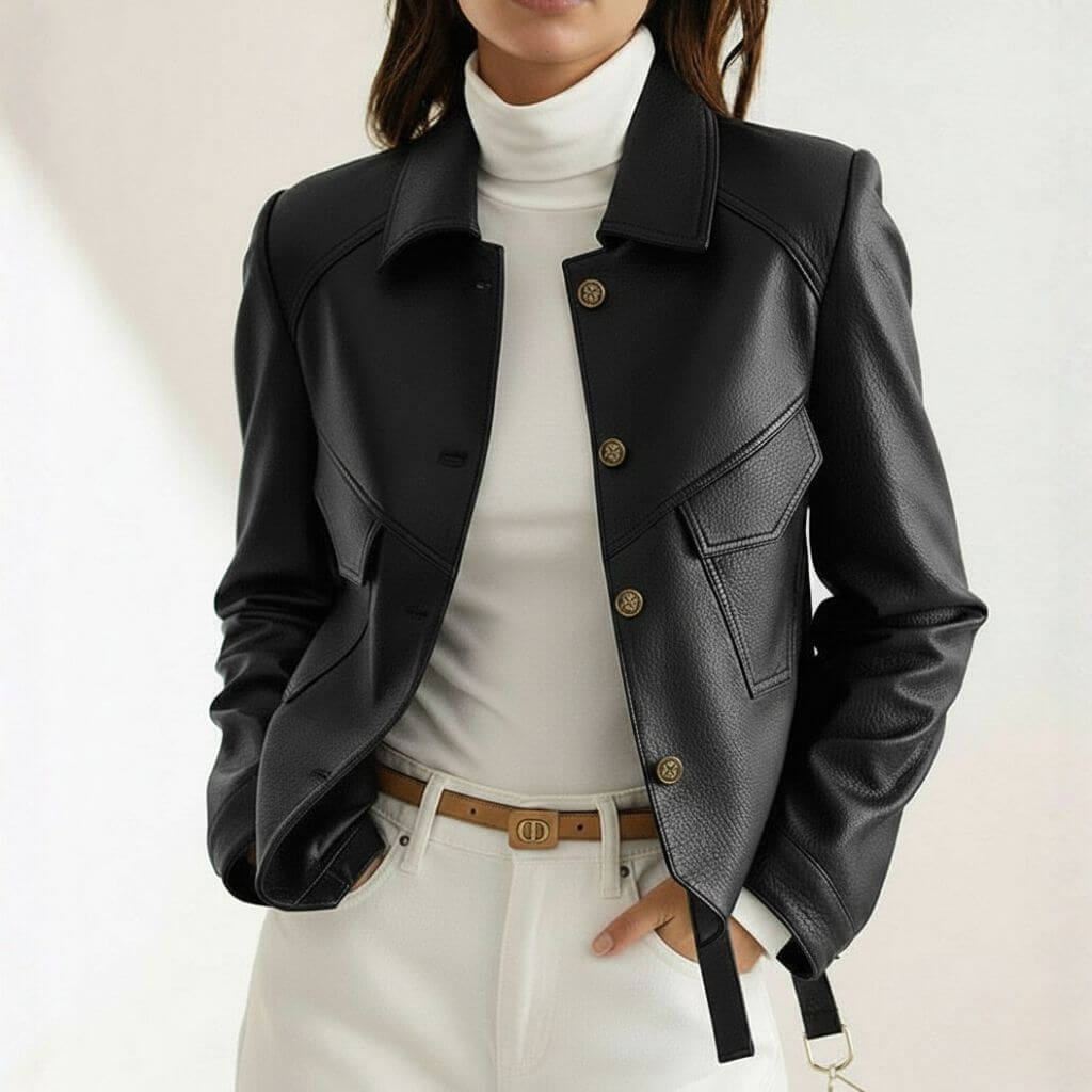 Women's Cropped Genuine Leather Jacket with Lapel Collar Button Front and Slim Fit