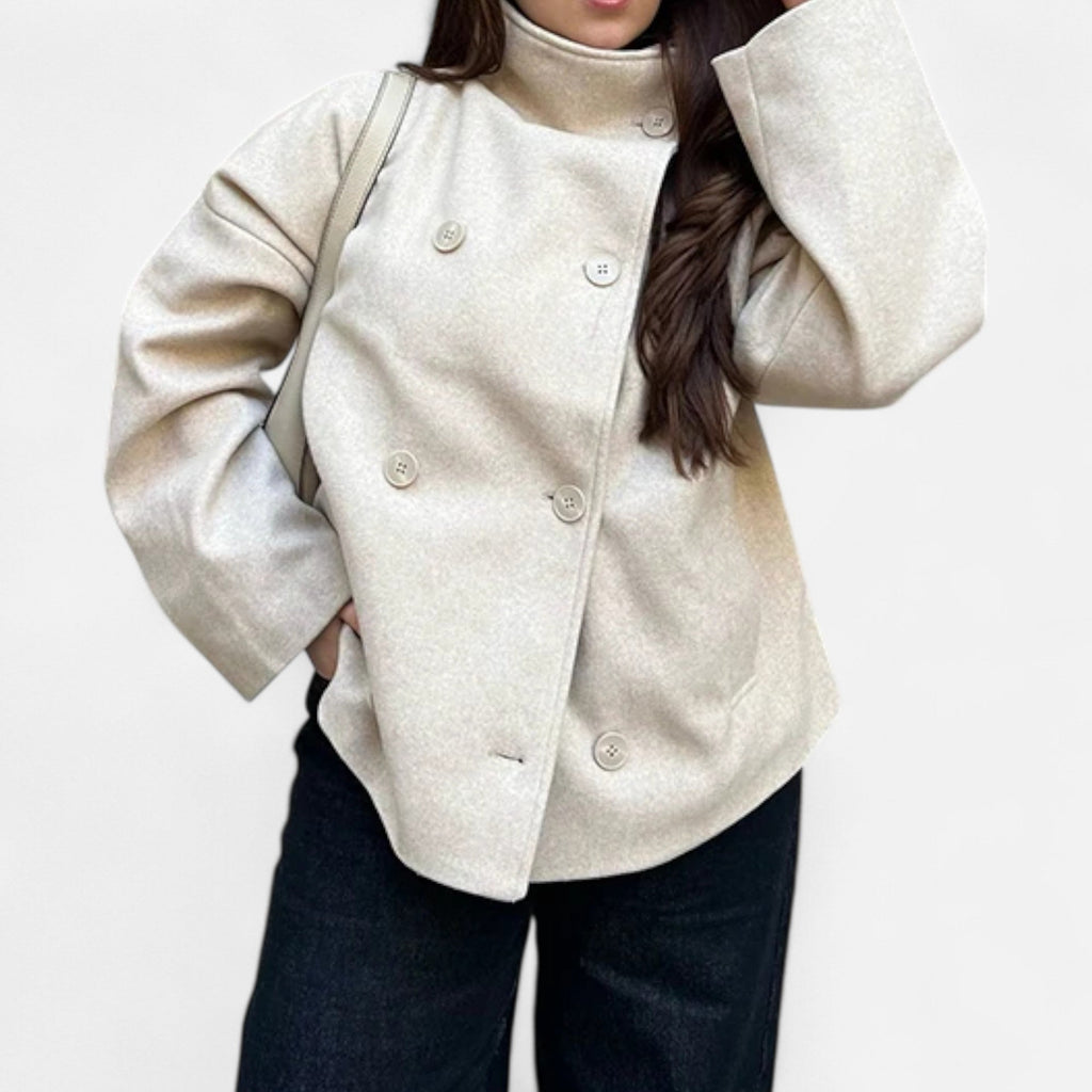 Women's Short Polyester Coat with High Collar Double Button and Drop Shoulders