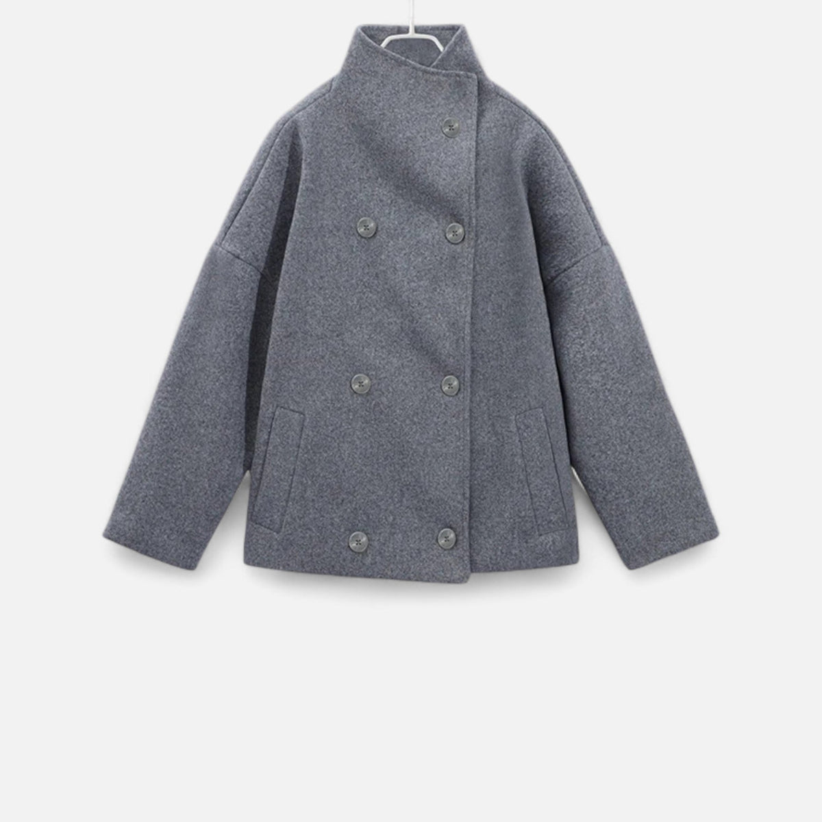 Women's Short Polyester Coat with High Collar Double Button and Drop Shoulders