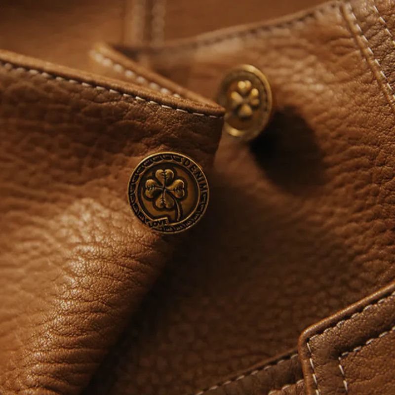 Women's Cropped Genuine Leather Jacket with Lapel Collar Button Front and Slim Fit