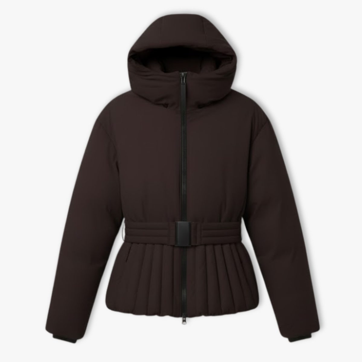 Women's Peplum Ski Jacket with Hood High Collar Waist Belt and Quilted Design