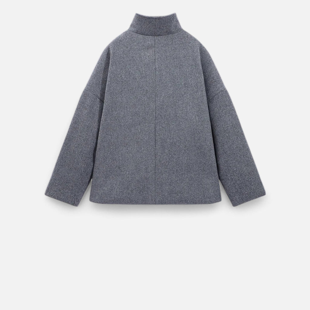 Women's Short Polyester Coat with High Collar Double Button and Drop Shoulders