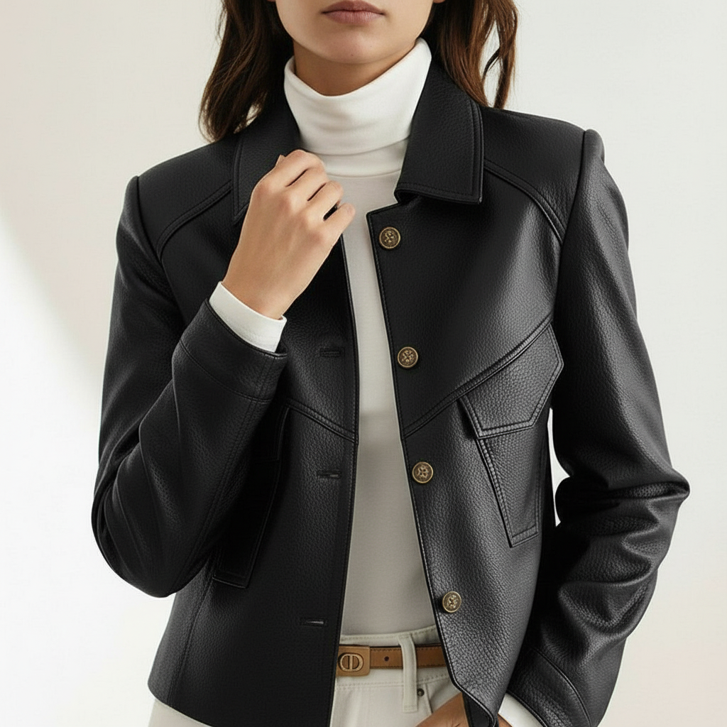 Women's Cropped Genuine Leather Jacket with Lapel Collar Button Front and Slim Fit