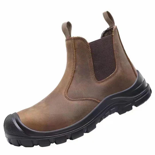 Men's Waterproof Leather Steel Toe Work Boots with Non Slip Puncture Resistant Sole
