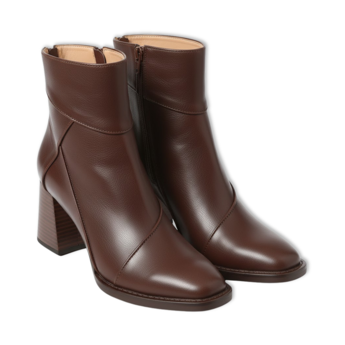 Women's Soft Leather Ankle Boots with Square Toe Chunky Block Heel and Side Zip