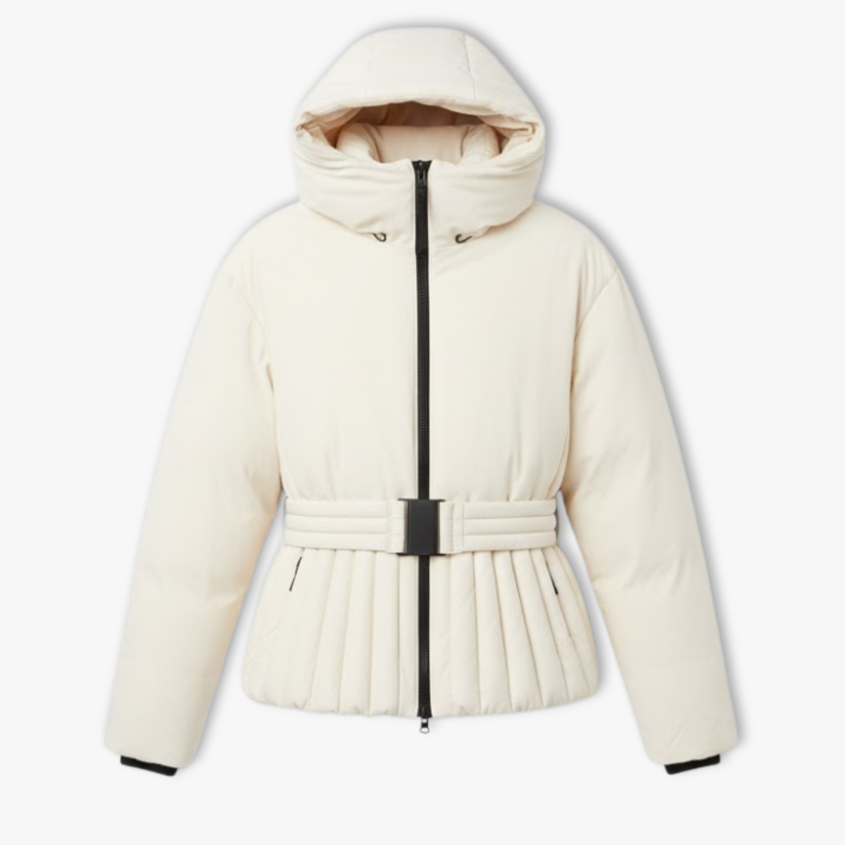 Women's Peplum Ski Jacket with Hood High Collar Waist Belt and Quilted Design
