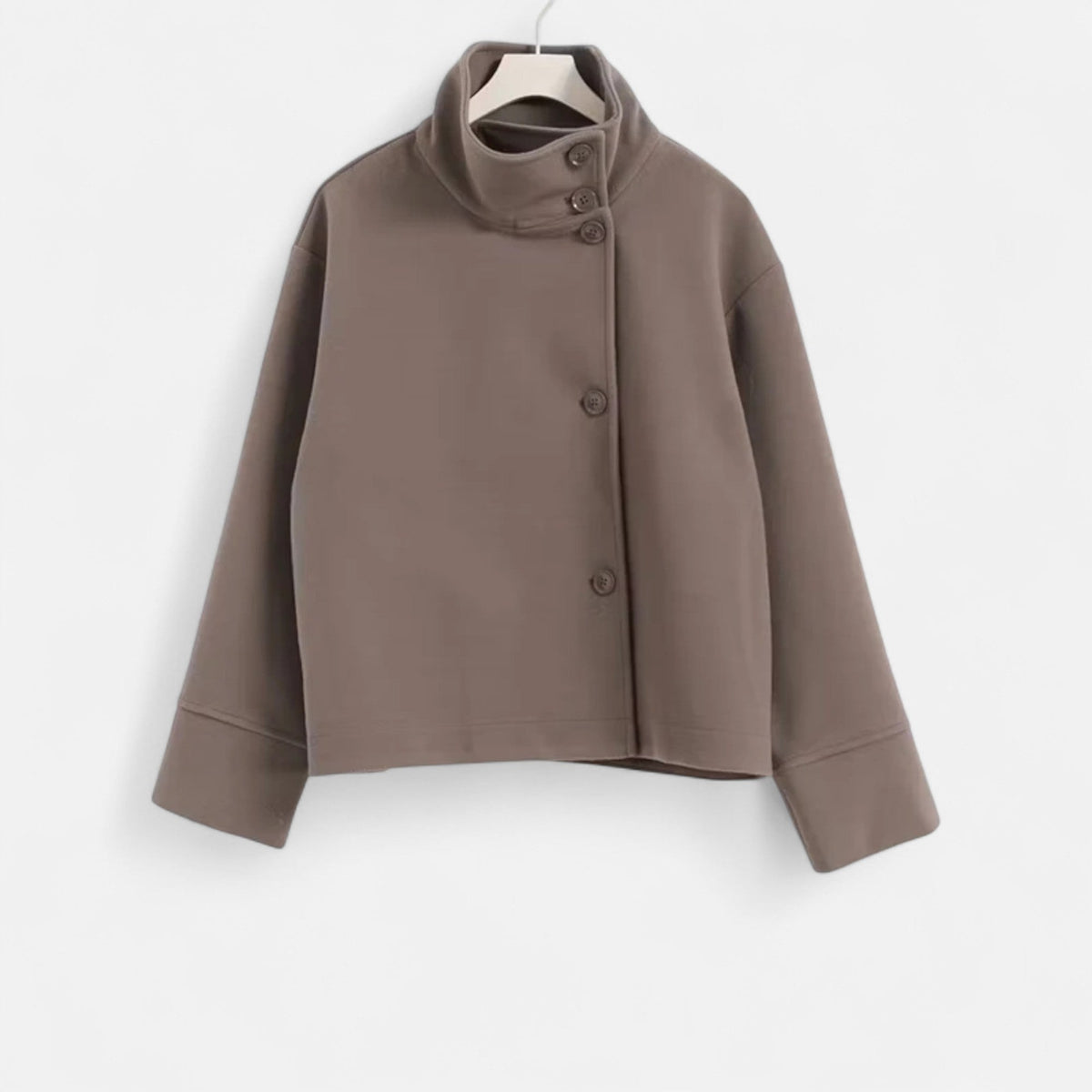 Women's Short Polyester Coat with High Collar Double Button and Drop Shoulders