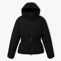 Women's Peplum Ski Jacket with Hood High Collar Waist Belt and Quilted Design