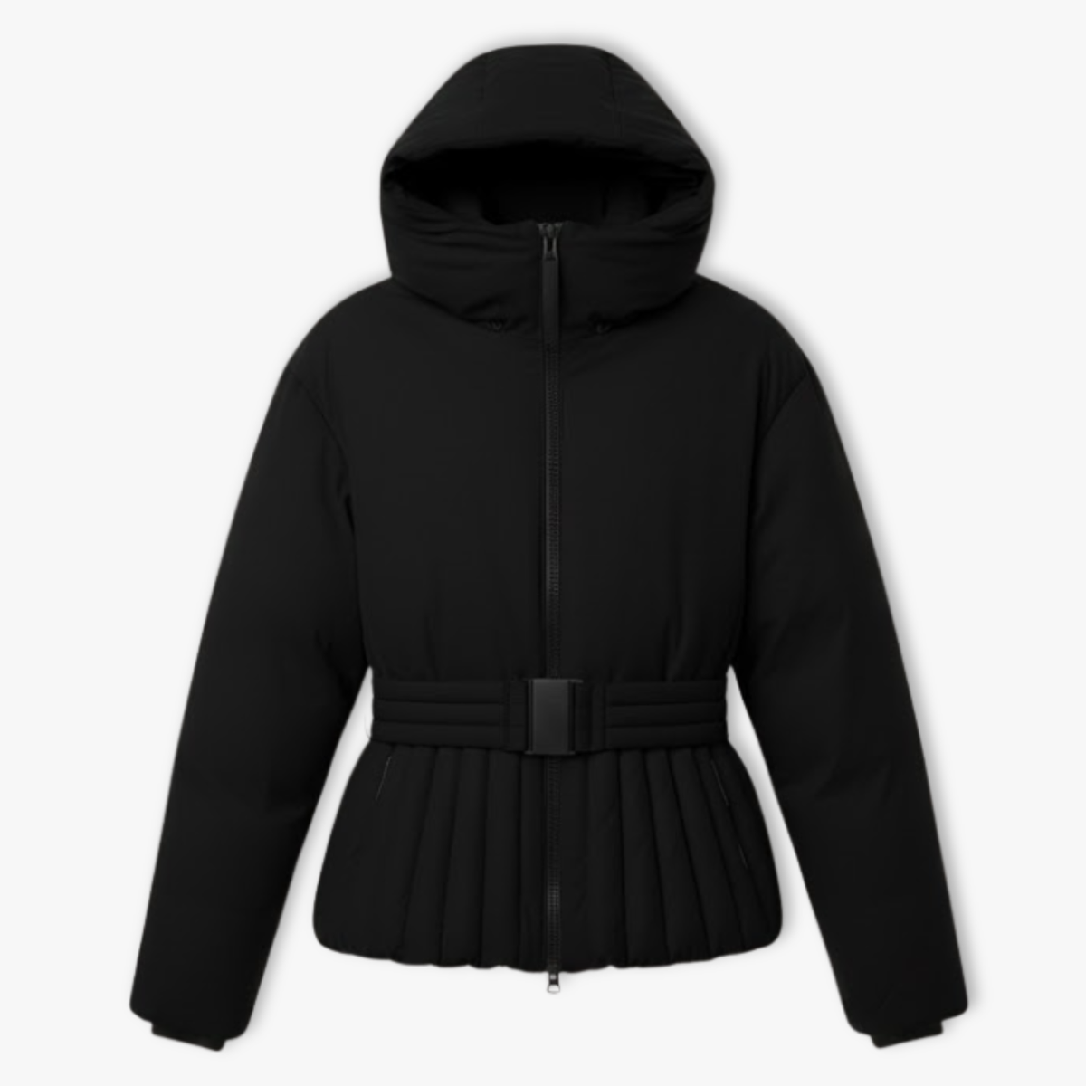 Women's Peplum Ski Jacket with Hood High Collar Waist Belt and Quilted Design