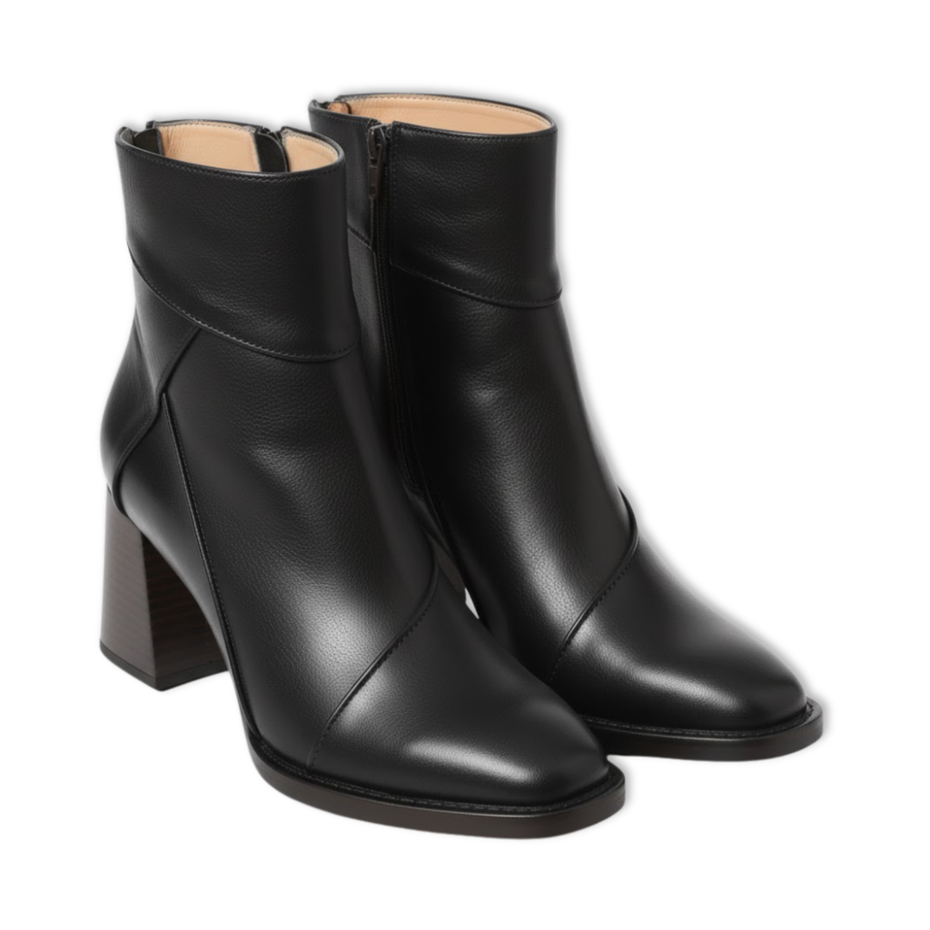 Women's Soft Leather Ankle Boots with Square Toe Chunky Block Heel and Side Zip