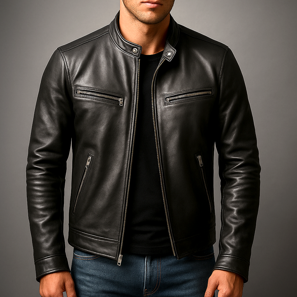 Men's Vintage Genuine Leather Jacket with Cotton Lining Zip Front and Slim Fit