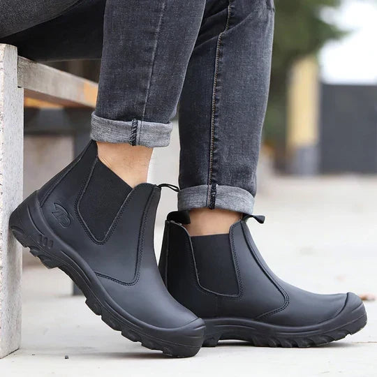 Men's Waterproof Leather Steel Toe Work Boots with Non Slip Puncture Resistant Sole