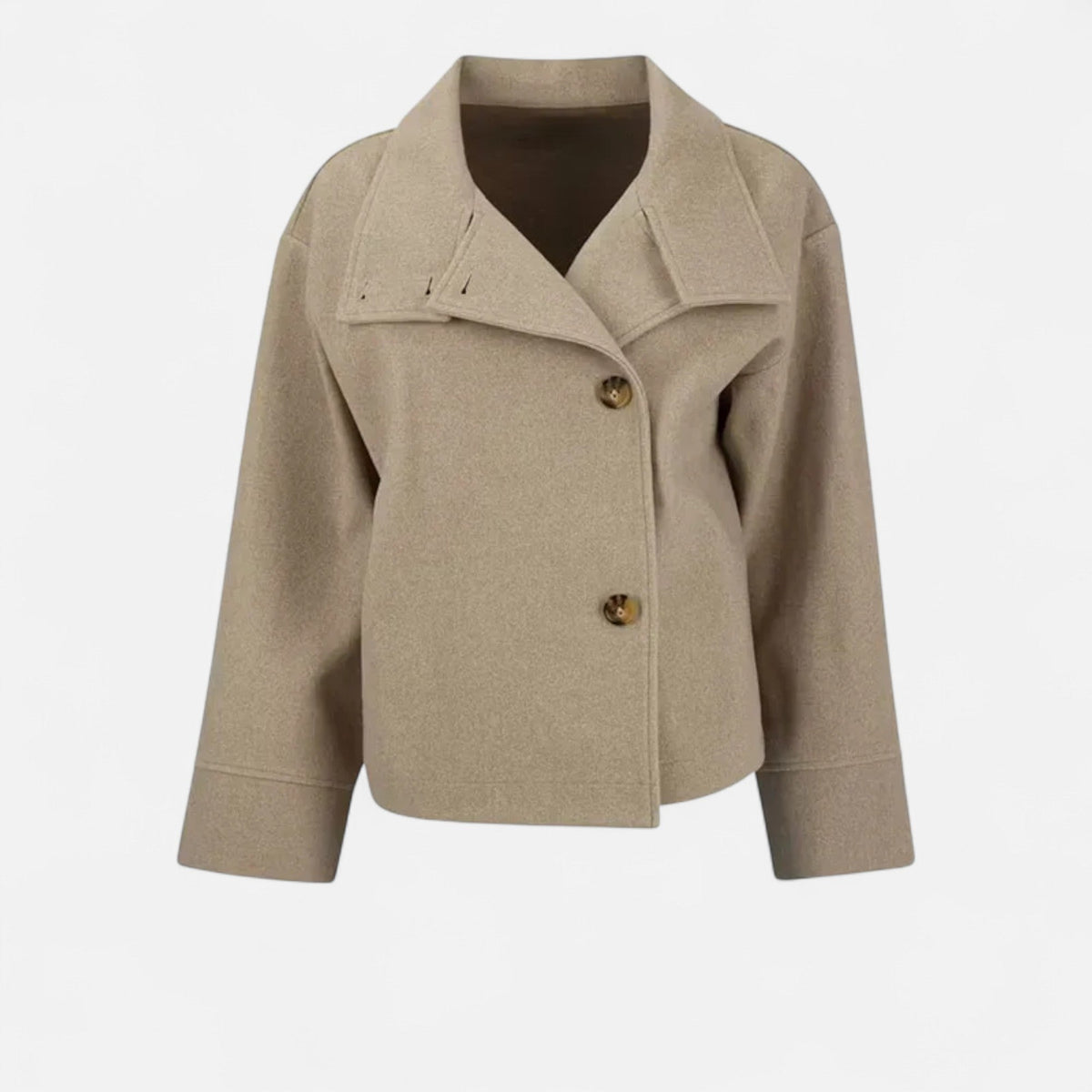 Women's Short Polyester Coat with High Collar Double Button and Drop Shoulders