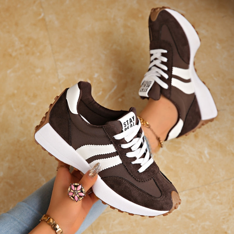 Women's Leather Platform Sneakers with Rubber Sole and Lace Up Closure for Walking