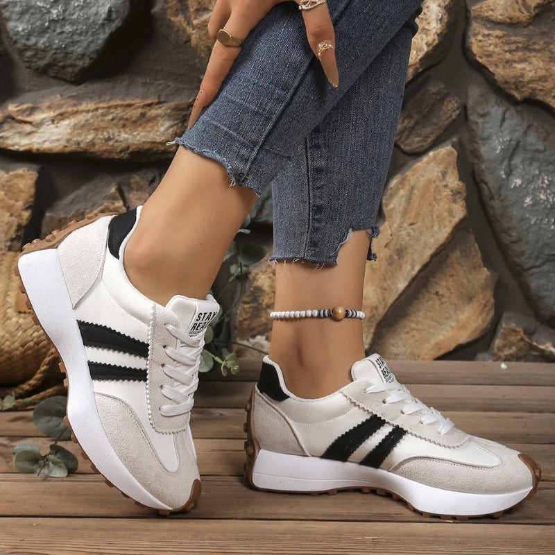Women's Leather Platform Sneakers with Rubber Sole and Lace Up Closure for Walking