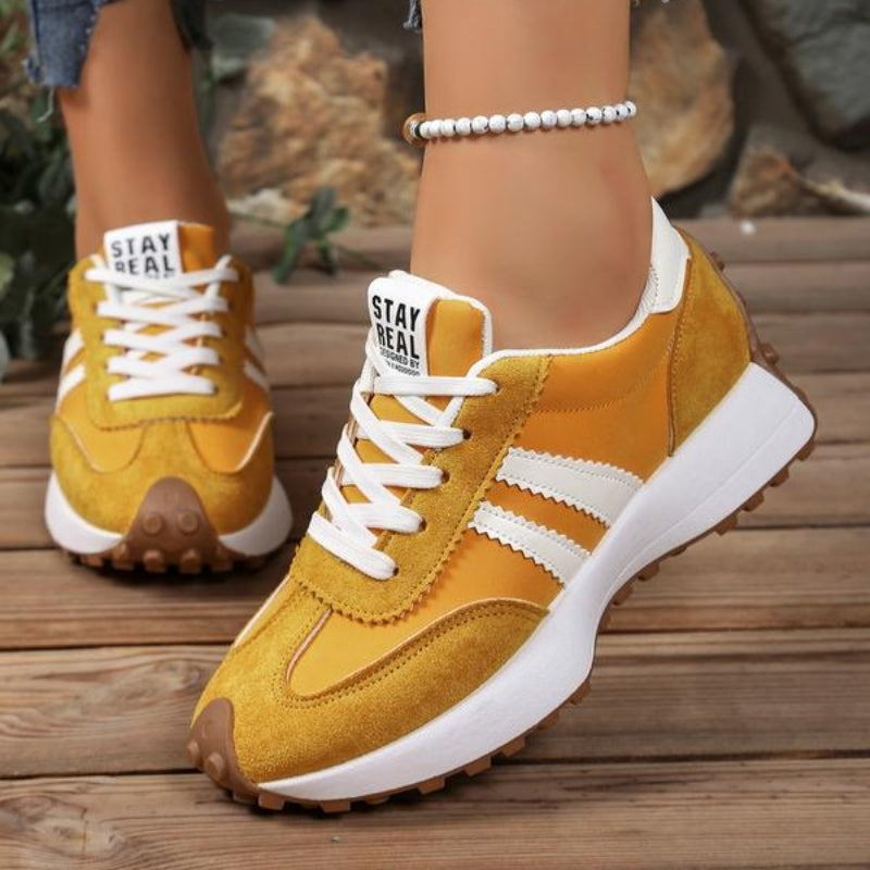 Women's Leather Platform Sneakers with Rubber Sole and Lace Up Closure for Walking