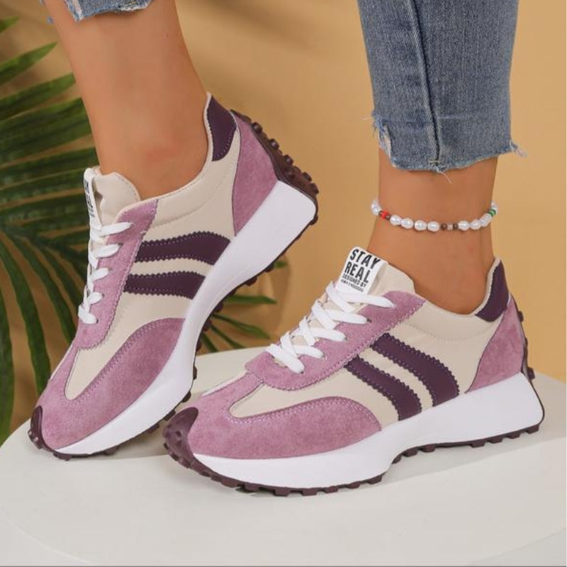 Women's Leather Platform Sneakers with Rubber Sole and Lace Up Closure for Walking