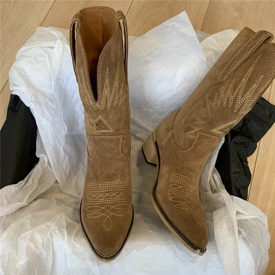 Women's Western Mid Calf Cowboy Boots with Low Stacked Heel Side Zip and Rubber Sole