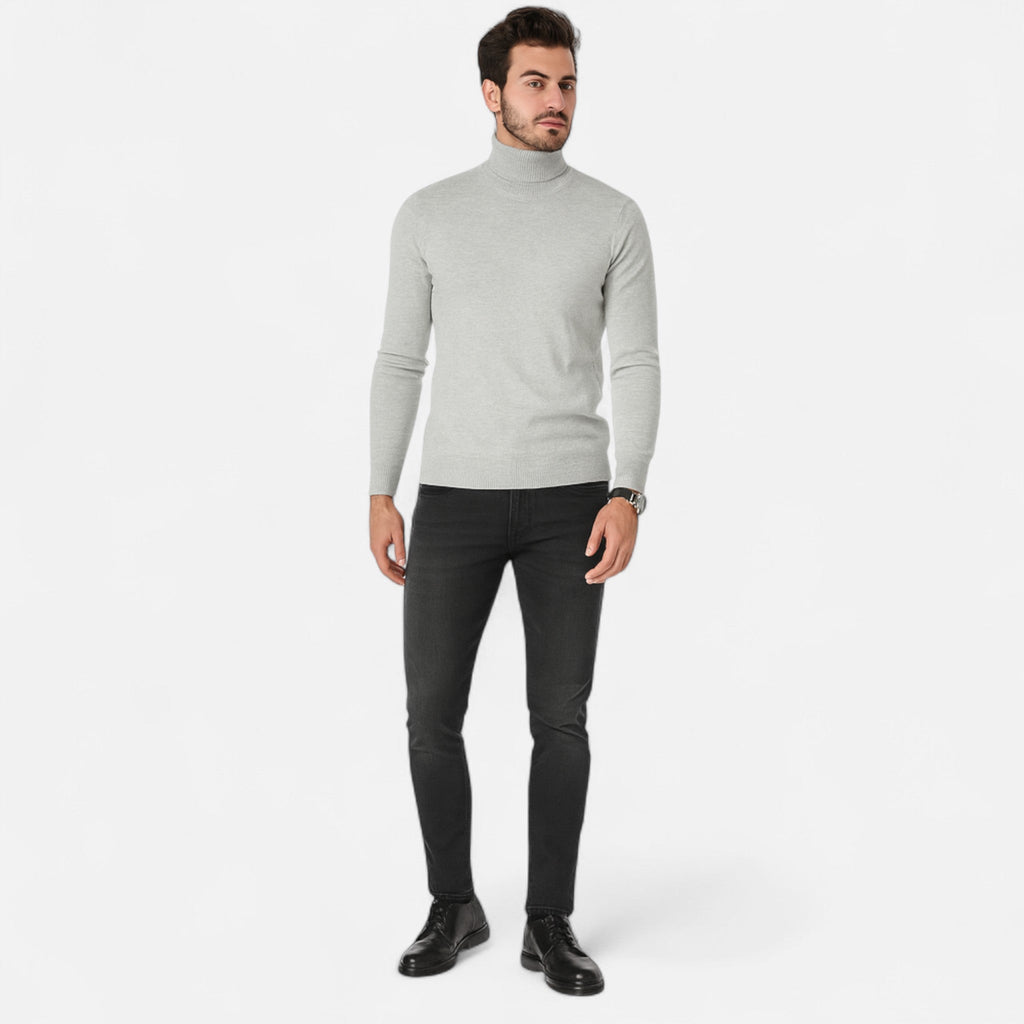 Men's Pure Wool Turtleneck Sweater with Slim Fit and Ribbed Cuffs for Office Wear
