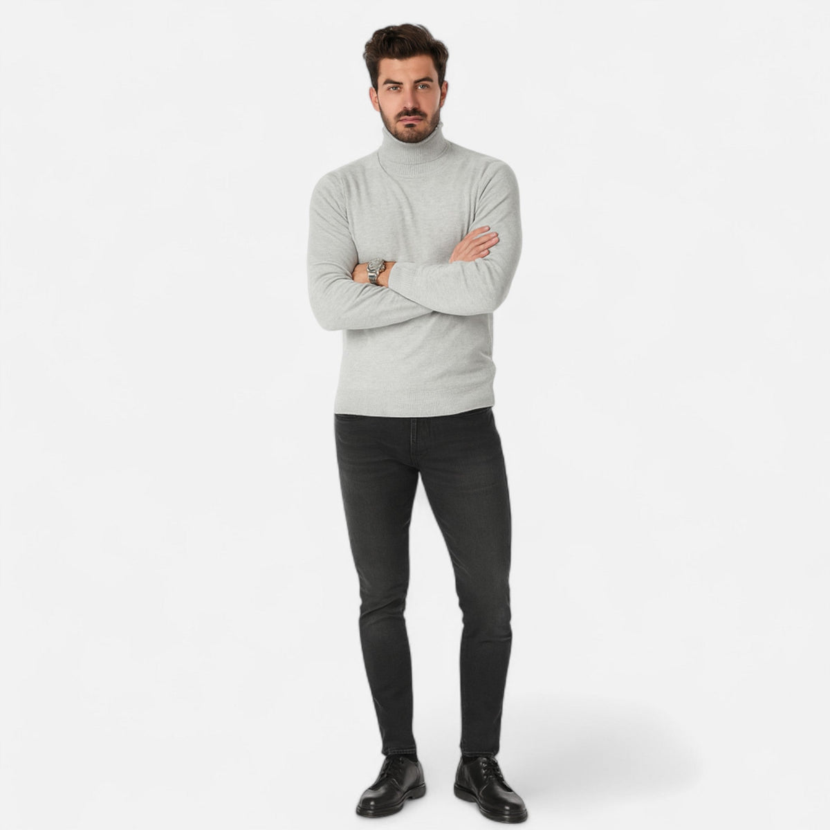 Men's Pure Wool Turtleneck Sweater with Slim Fit and Ribbed Cuffs for Office Wear